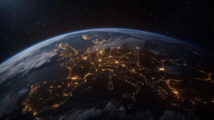 Wall Mural - aerial view of europe at night showcasing illuminated cities and interconnected networks