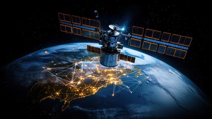 Wall Mural - satellite orbiting earth, showcasing global connectivity with illuminated cities at night