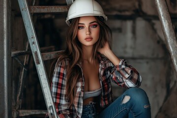 Young woman with brown hair in casual attire sits on a ladder at a site