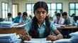 © Arceli - A teenage South Asian girl filing paperwork in an administrative office in casual attire in closeup portrait on a plain white background