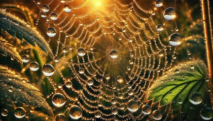 Cobweb with morning dew close-up