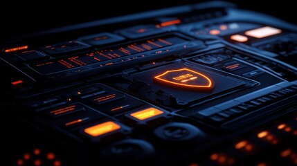 Poster - futuristic control panel with glowing orange accents and intricate buttons in a dark setting