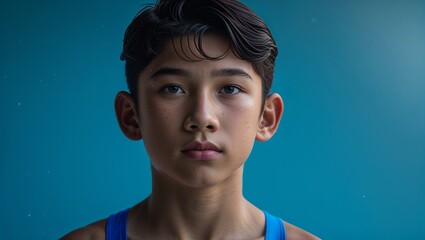 Wall Mural - A teenage Southeast Asian boy swimming in sporty swimwear at a beach in closeup portrait on a plain deep blue background