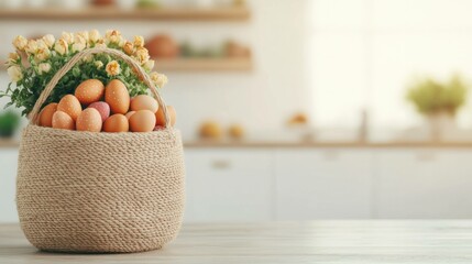 Sticker - Easter basket filled with colorful eggs and spring flowers, symbolizing renewal and celebration of spring season in a bright kitchen setting