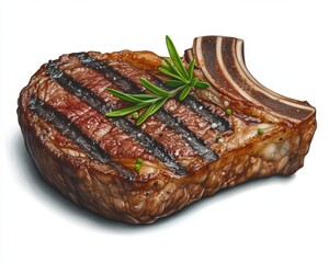 Sticker - Grilled ribeye steak with rosemary sprig, close up studio shot on white background. Juicy, flavorful meat with visible grill marks. 