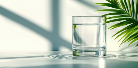 Wall Mural - Glass of water on white surface with palm leaf and sunlight shadows. Refreshing and clean aesthetic. Minimalist still life photography