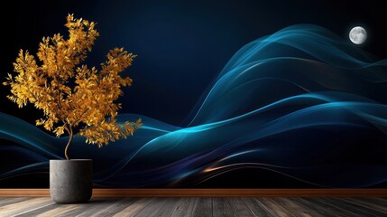 Wall Mural - A vibrant potted tree against a dark blue wave background with a glowing moon