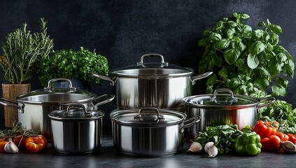 Stainless steel cookware with red handles, kitchen utensils, and herbs on a dark gray tabletop with copy space