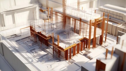 Aufkleber - Aerial view of building under construction, showing steel framework and concrete structure.