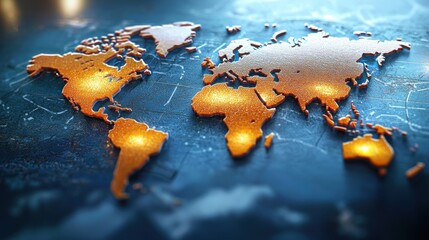 Wall Mural - detailed close-up of a metallic world map on a textured surface with glowing highlights