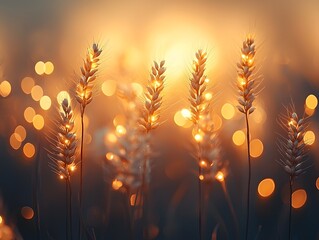 Wall Mural - Glowing Wheat Heads Swaying in the Wind with Soft Bokeh Lights