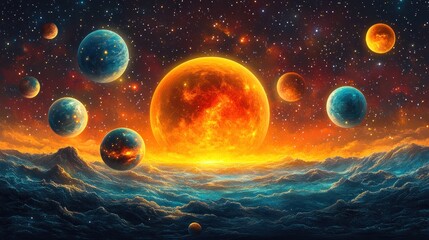 Poster - Alien planets orbiting a fiery star, set against a nebula backdrop.