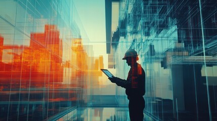 Poster - Architect reviewing blueprints on tablet, futuristic building background.