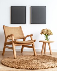 Wall Mural - Wooden armchair with woven seat, small wooden side table with hydrangeas, and a round jute rug against a white wall with two dark frames. Natural