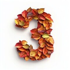 number 3 made of layered autumn leaves in shades of orange, red, and yellow isolated on a clean whit