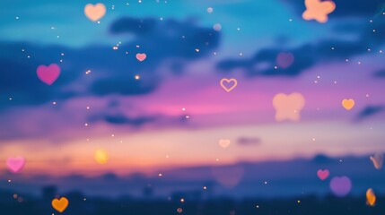 Wall Mural - vibrant bokeh lights in various shapes (circles, hearts, and stars) against a twilight sky.