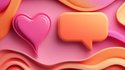 Fototapete - Pink heart, speech bubble, abstract waves; social media love concept