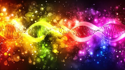 Poster - Rainbow DNA helix glows; sparkling background; science concept