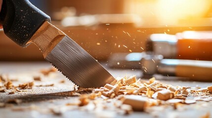 Close-up of a hand saw cutting wood, sawdust flying, workshop setting.