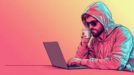 Champion software engineer working on a laptop while enjoying coffee in casual attire