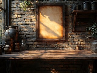 Wall Mural - rustic wooden table with glowing empty frame against brick wall for product display or photography m
