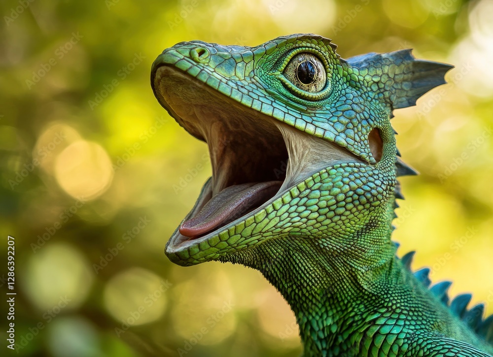 A green forest dragon with its mouth open, head raised and looking at ...