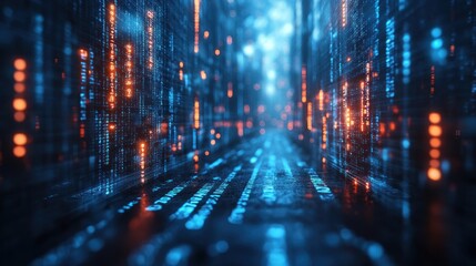 Wall Mural - Futuristic digital corridor illuminated by glowing blue and orange data streams in a tech landscape