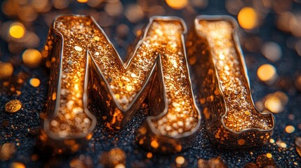 Wall Mural - shimmering golden letters 'mi' on a sparkling background with bokeh effect