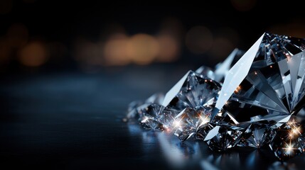 Wall Mural - close-up of sparkling diamonds on a dark surface with a blurred bokeh background, showcasing luxury