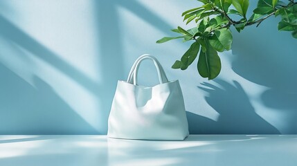 Wall Mural - Elegant white tote bag positioned on a minimalist table against a soft blue wall with shadows
