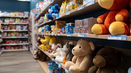 Shelves teeming with an array of plush animals in a toy store showcase cheerful colors and inviting textures, ideal for kids' enjoyment.