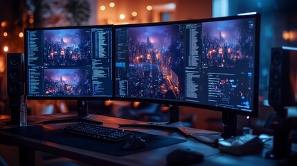 Night coder working on futuristic city game design