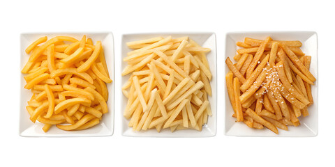 Delicious French Fries on Plate in Three Different Styles for Food Photography, PNG Transparent