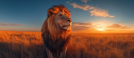 Wall Mural - Majestic lion standing in golden savanna at sunset.