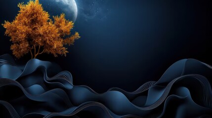 Wall Mural - A surreal landscape featuring a solitary tree against a dark, wavy background under a full moon