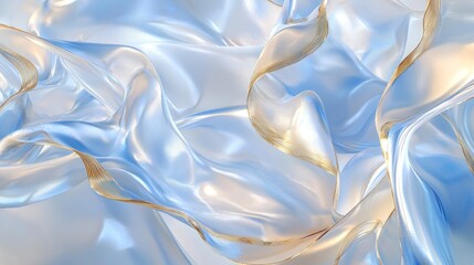 Wall Mural - Flowing silk fabric in soft blue and gold tones, creating a serene and elegant atmosphere