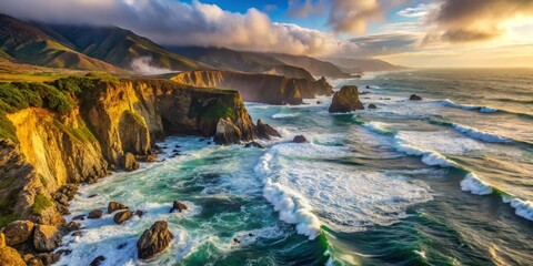 Wall Mural - Serene Coastal Landscape with Cliffs and Waves at Golden Hour