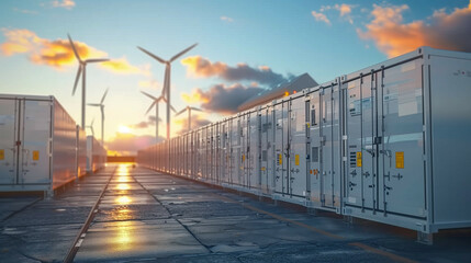An array of modern energy storage containers in a renewable energy facility with wind turbines in the background under a vibrant sunset sky