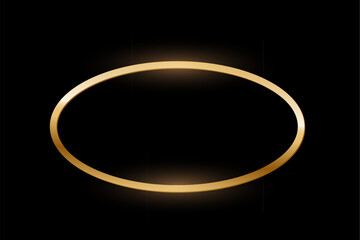 Golden ellipse photo frame on black background. Gold oval button. Blank space for picture, painting, card. 3d realistic empty template vector illustration. Simple object mockup.