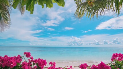 Wall Mural - Beautiful Pink Flowers Framing a Tropical Beach Scene with Palm Trees