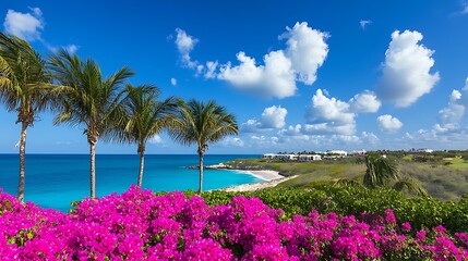 Wall Mural - Beautiful Pink Flowers Framing a Tropical Beach Scene with Palm Trees