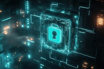 glowing cyan padlock floating in a dark digital void neon circuit lines pulsing around it sleek futuristic design bold cybersecurity theme hightech vigilance