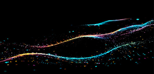 Fototapete - Abstract vector art features vibrant, undulating waves of multicolored particles against a dark background, creating a dynamic sense of movement and depth. Perfect for tech-themed designs.