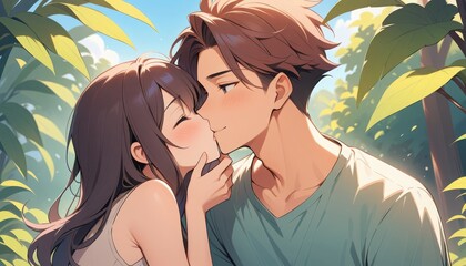 Wall Mural - A couple stands close together in a vibrant forest, exchanging a gentle kiss as the sun filters through the leaves. Their expressions reflect love and warmth during a magical moment
