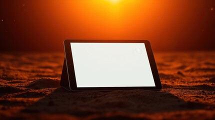 Tablet on a sandy surface backlit by the sun, displaying a blank screen, concept device at the beach.