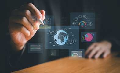 Wall Mural - business entrepreneur using big data analysis and cloud technology to collect customer data and disp