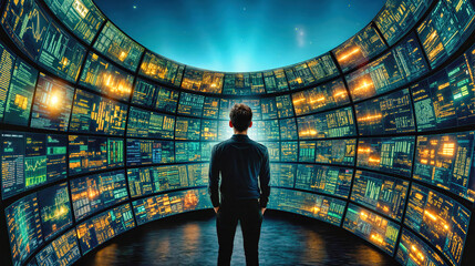 Man works curved wall of digital data screens in futuristic finance center. Multiple monitors display market analytics, cryptocurrency charts and blockchain technology metrics in cybersecurity