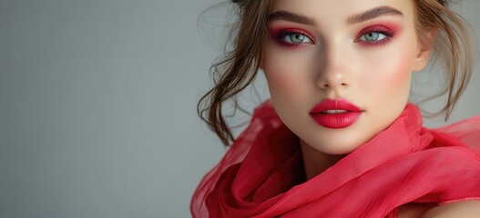 Wall Mural - Beautiful woman with stunning makeup and hairstyle, posing in a red dress with a long scarf on a gray background.