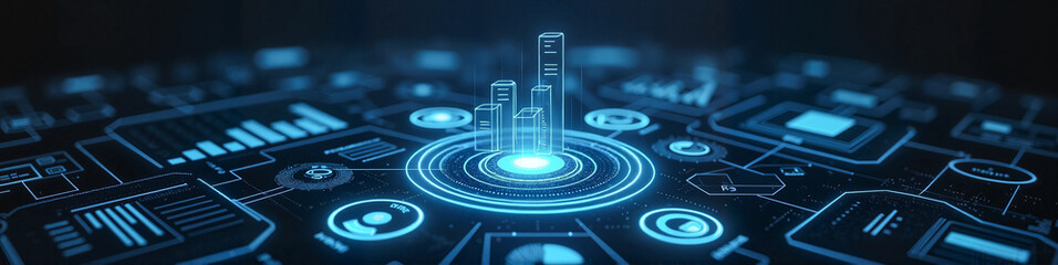 LinkedIn background with futuristic holographic interface displaying business analytics and glowing graphs against a sleek digital backdrop, symbolizing innovation and leadership.