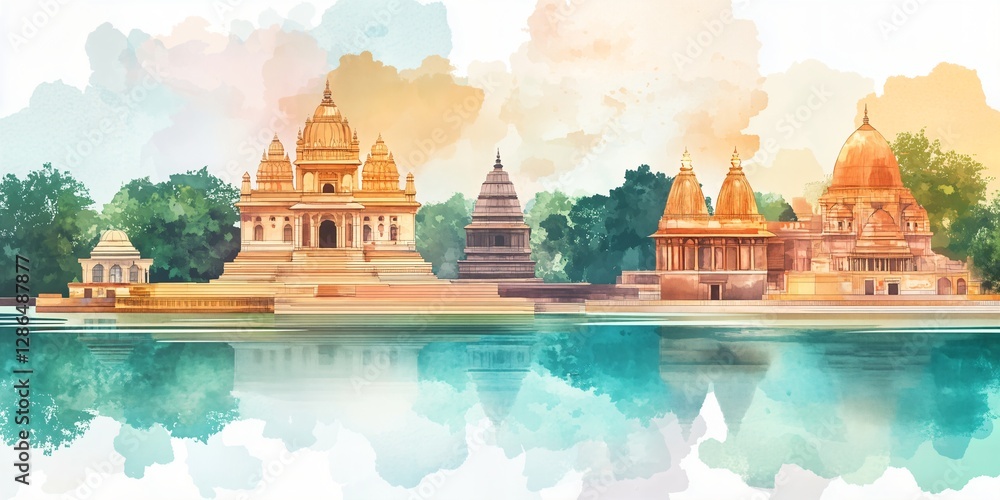 Bihar day watercolor illustration with iconic temples. Stock ...